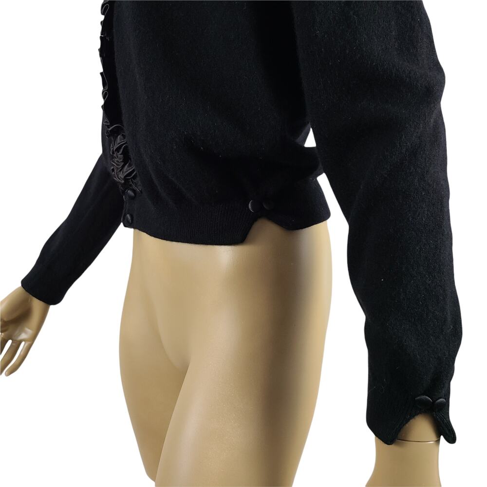 Dalton Cashmere Cardigan Vintage 50s Pinup Scroll Ruffle Trim Cinch Waist Black - Picture 5 of 16
